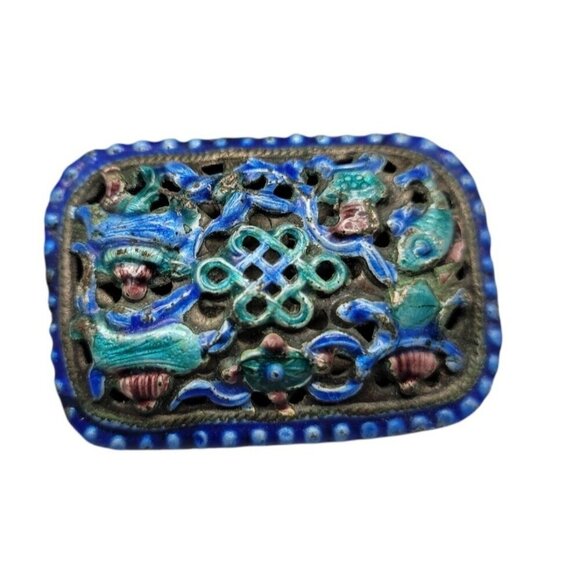 Gilt Chinese Enamel Brooch Gold Plated Front Colorful Design Sterling Silver - Picture 8 of 8